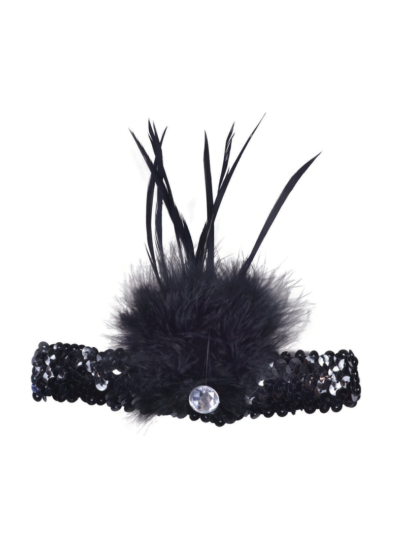 Black Sequin Flapper Headband With Feather Costume Accessory