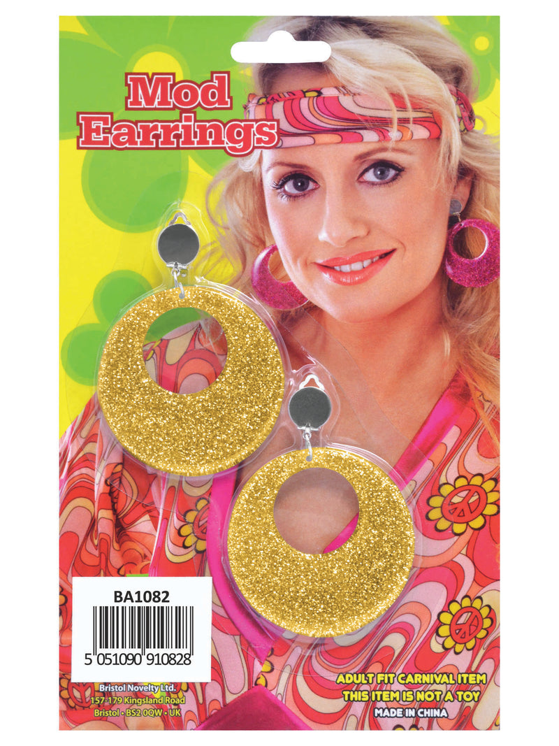 Gold Mod Glitter Earrings Costume Accessory