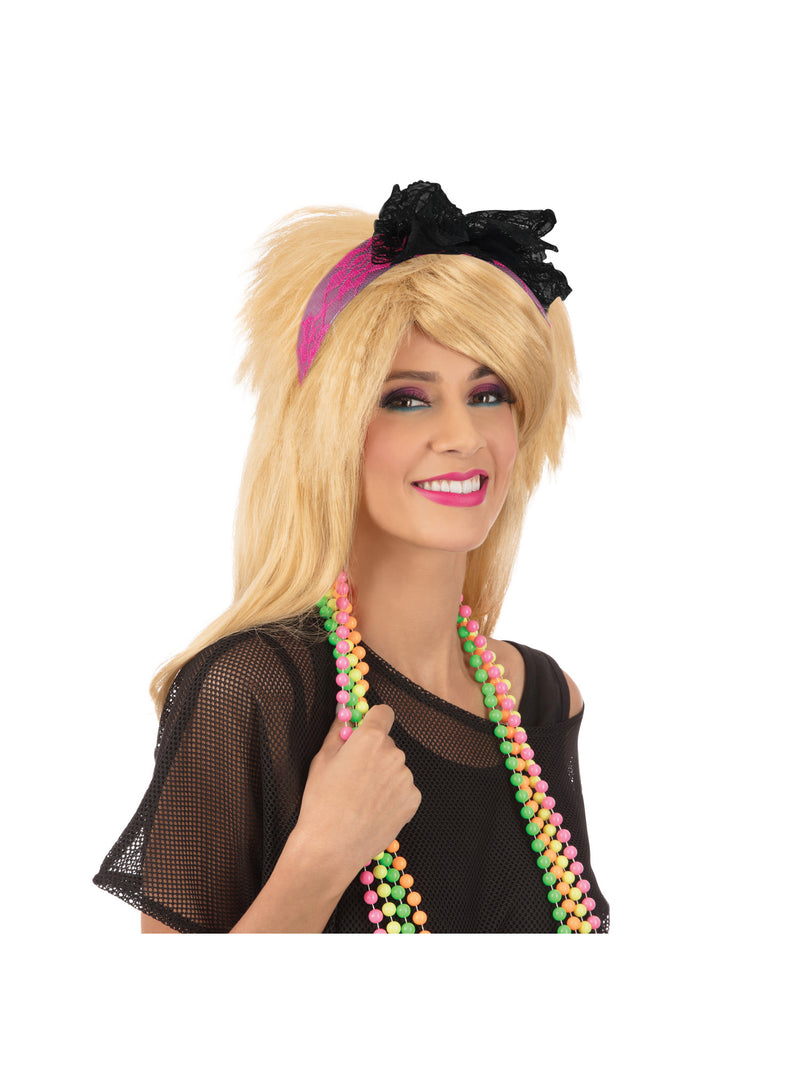 Pink 80's Neon Lace Headband Costume Accessory