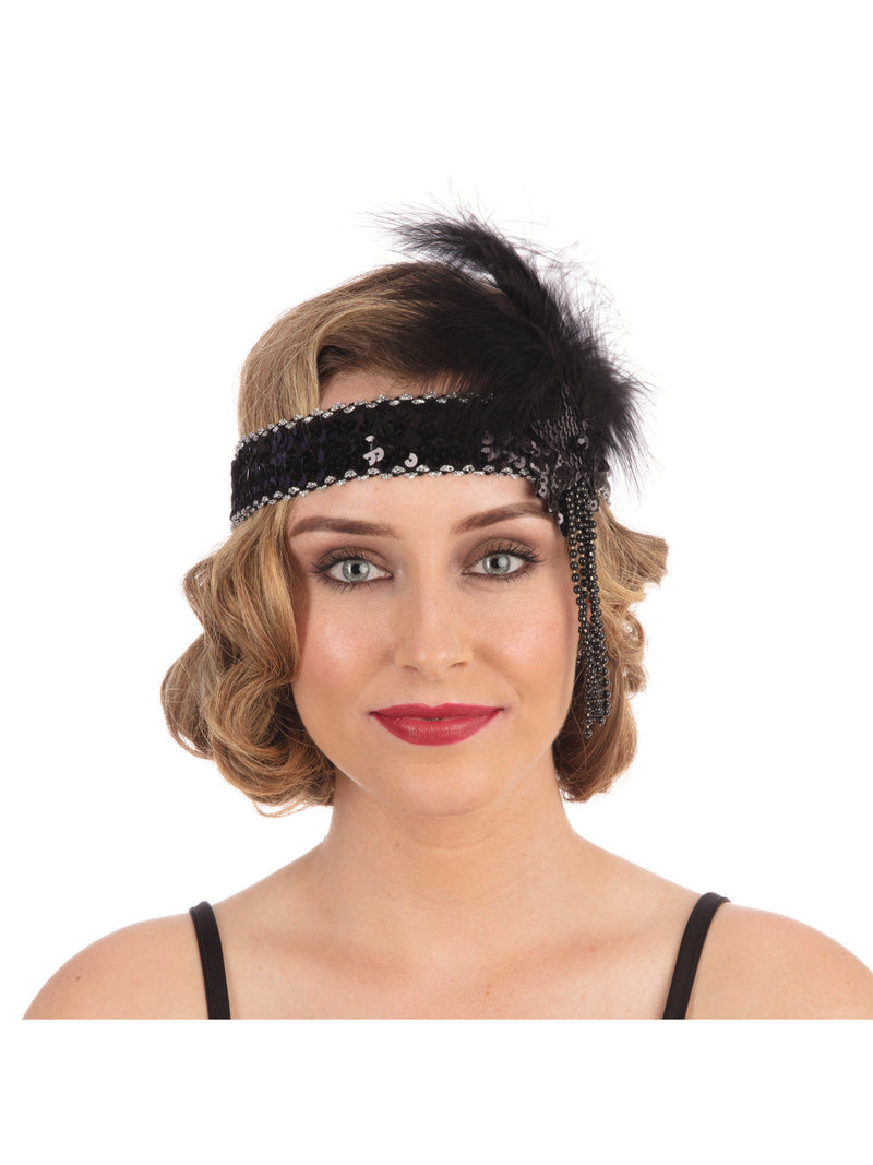 Black Deluxe Flapper Headband Sequin Band Costume Accessory
