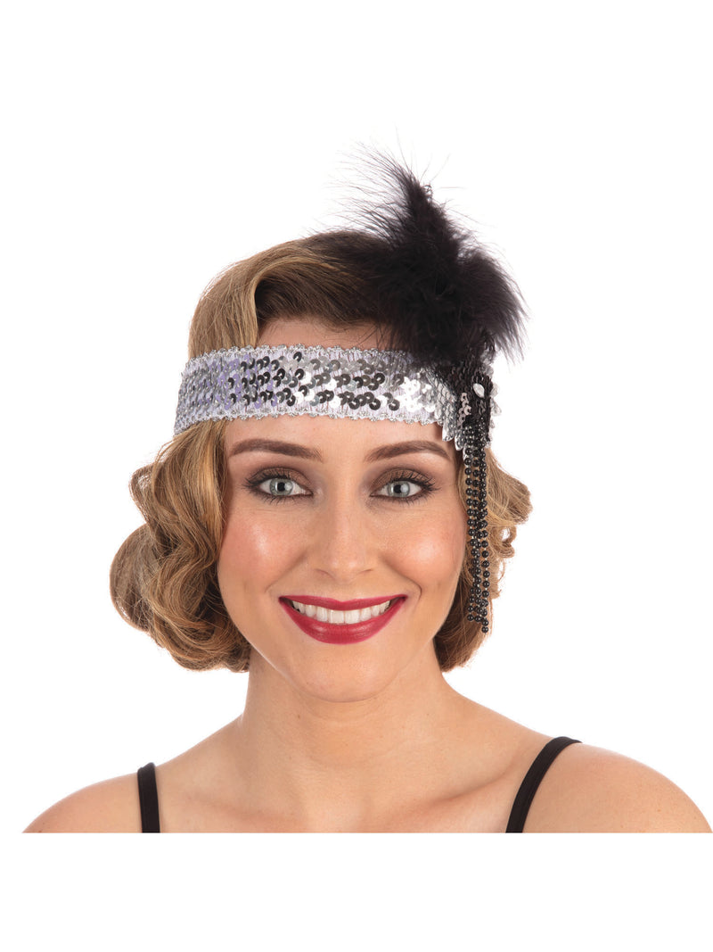 Silver Deluxe Flapper Headband Sequin Band Costume Accessory