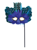Blue & Green Feather Mask On Stick