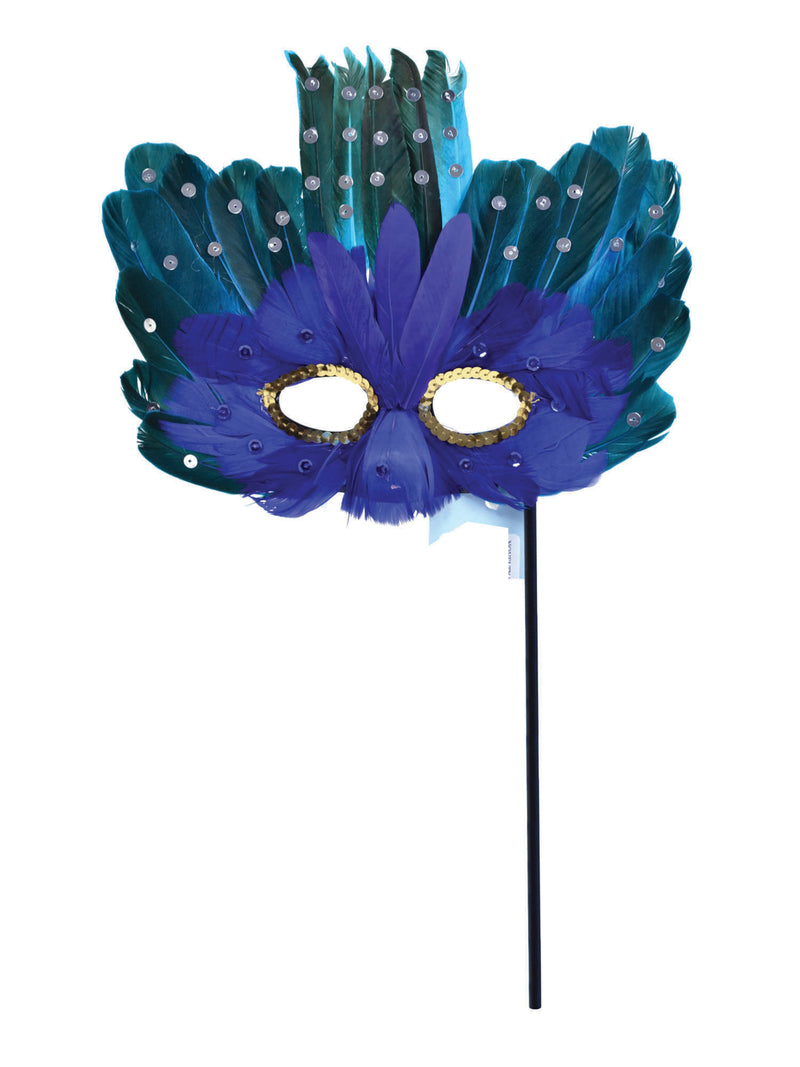 Blue & Green Feather Mask On Stick