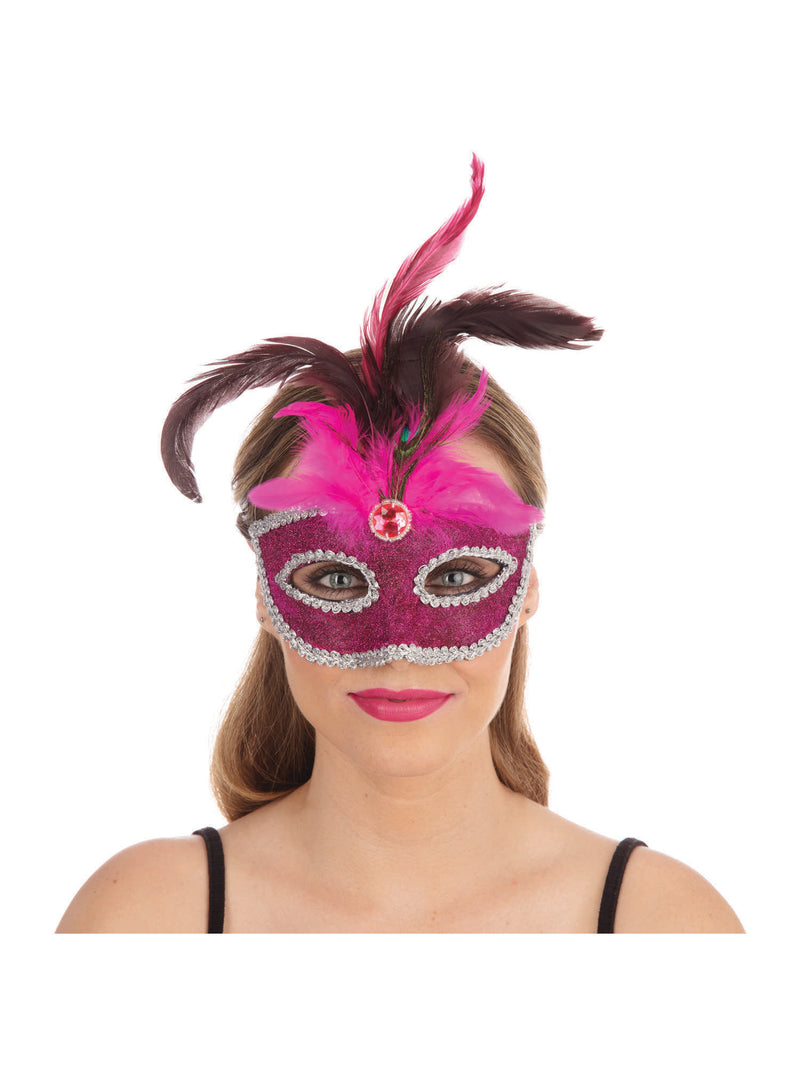 Pink Mask With Tall Peacock Feather