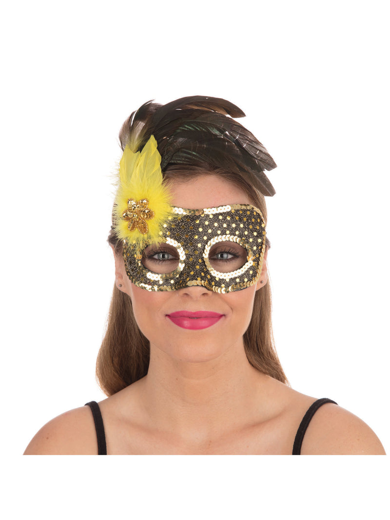 Black & Gold Sequin Mask With Yellow Feather