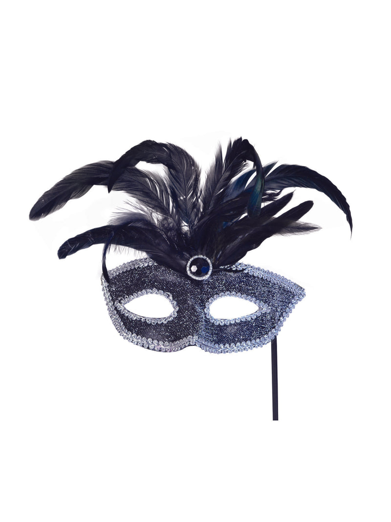 Black Mask with Silver Trim & Feathers On Stick