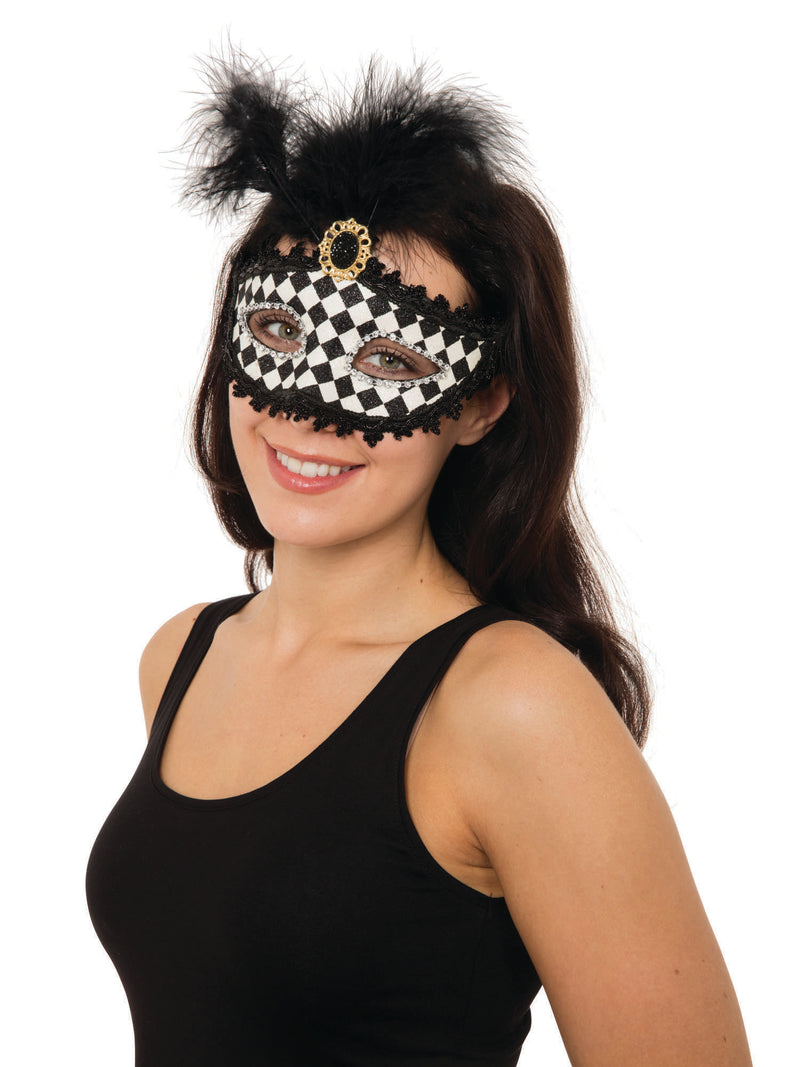 Black & White Harlequin Mask With Tall Feather