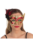 Red Satin Mask With Feathers