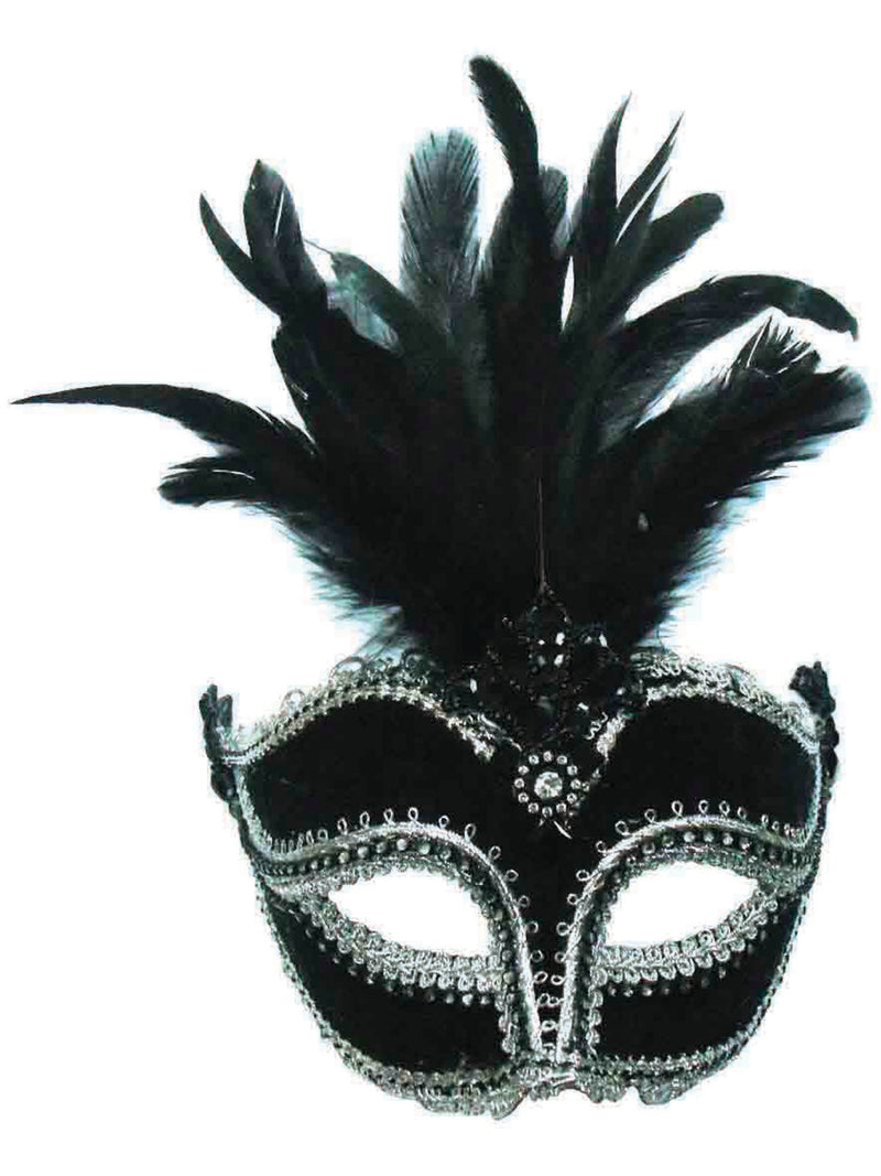 Black Velvet Female & Tall Feathers Mask