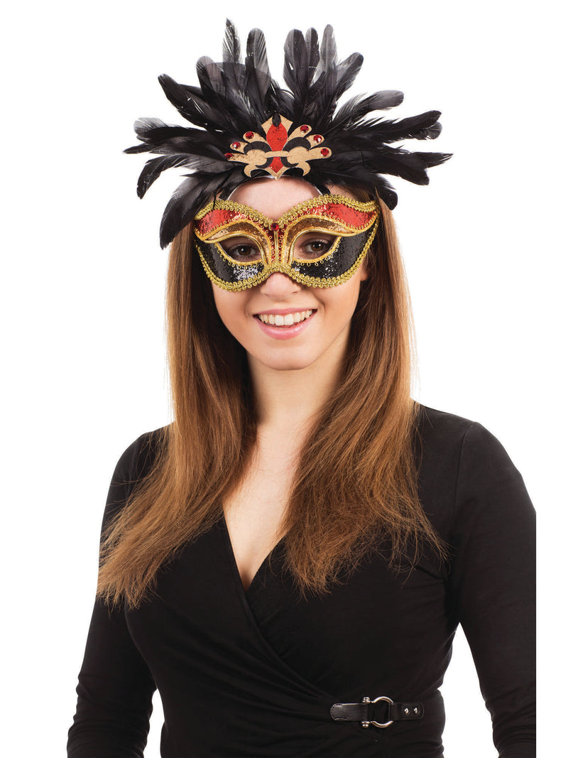 Red, Black & Gold Carnival Feathers Mask