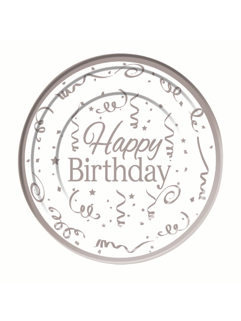 10 Pack Silver Happy Birthday Plastic Plate